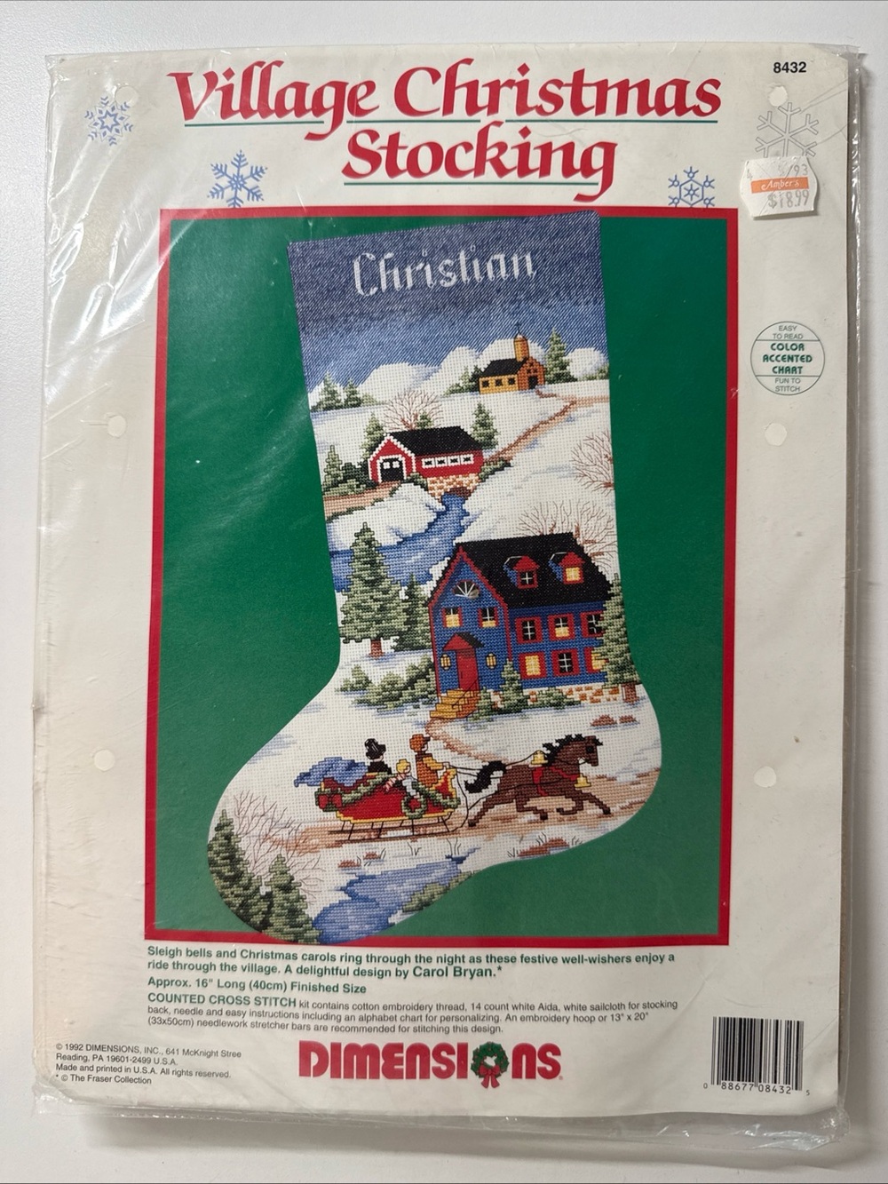 VTG Dimensions Christmas Counted Cross Stitch Village Christmas Stocking 8432